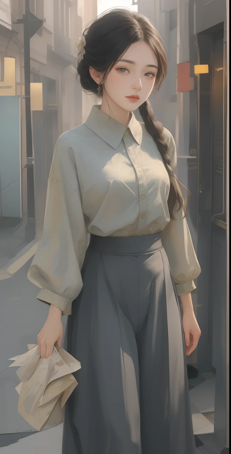 A woman who is，24 years of age，On the streets of retro、a white long skirt，Republic of China student clothing，Two braid shoulder position，Republic of China retro style，