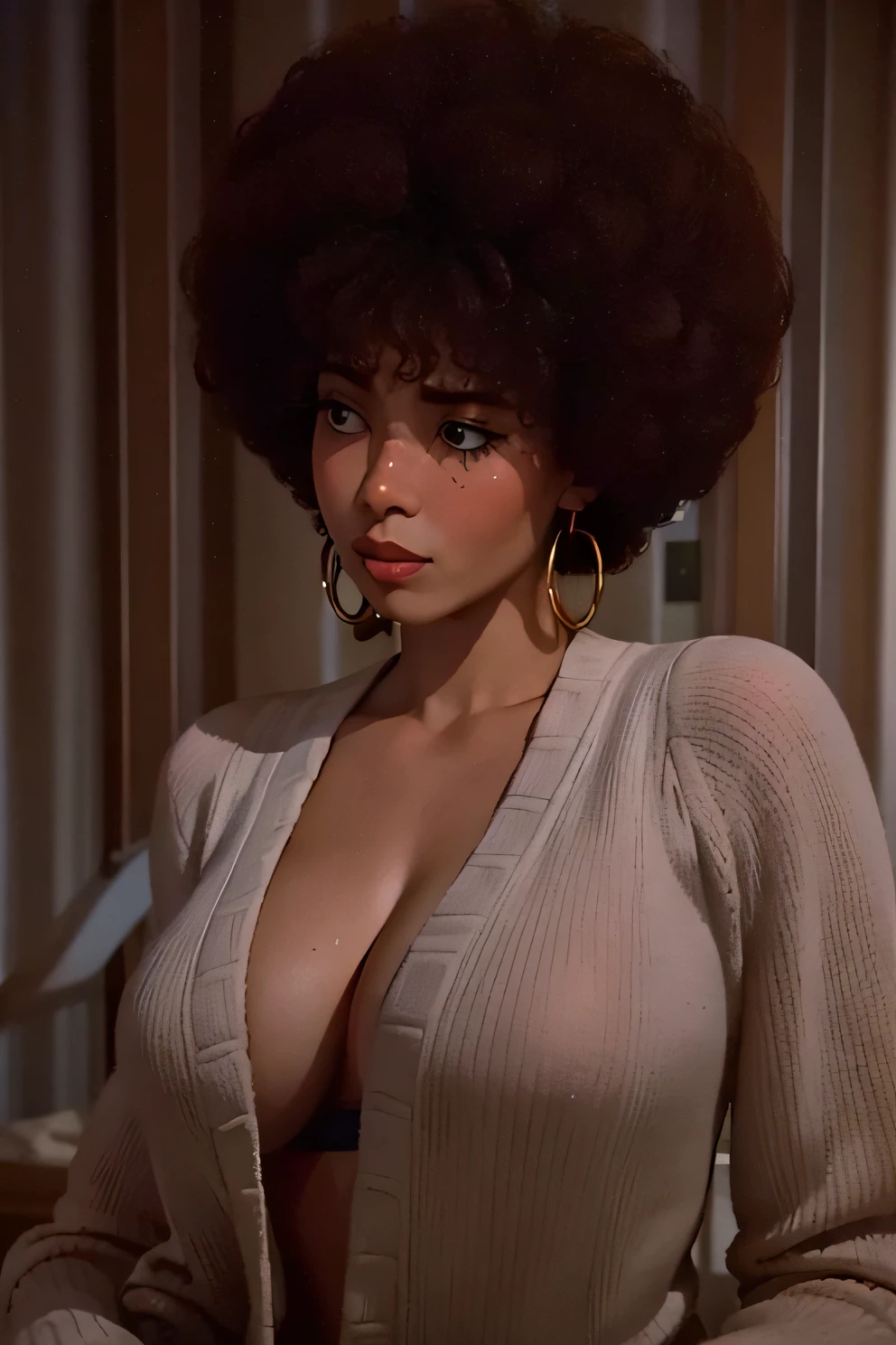 a close up of a woman with an afro wearing a sweater, linda wilder, 1 9 7 0 s female alive, afro, with afro, fur covering her chest, giant afro!, big afro, seventies cinestill, furr covering her chest, deanna troi, from the 7 0 s, scene from a 1 9 7 3 film