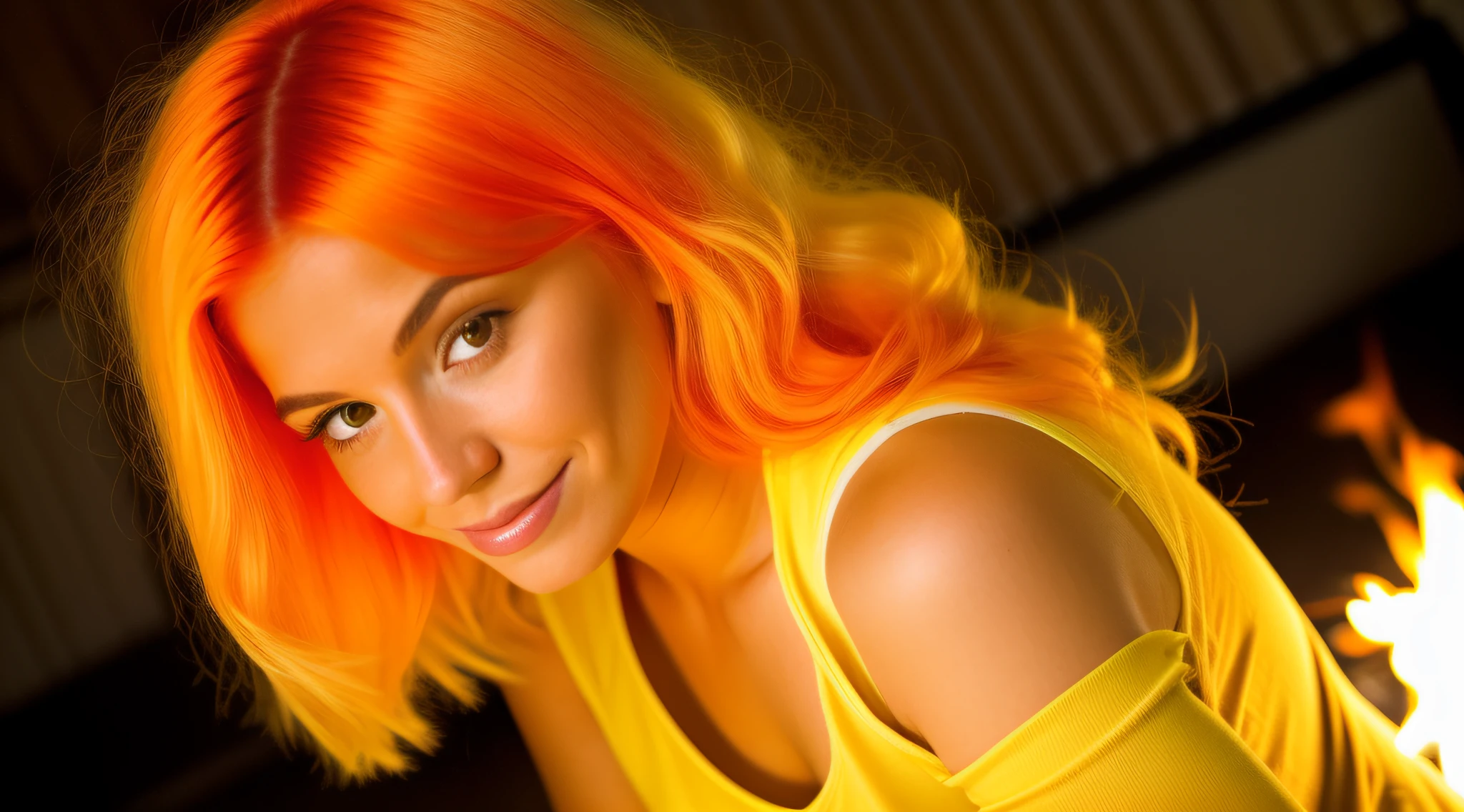 A closeup of a with yellow hair and a white top, cabelo de fogo, cabelos flamejantes, cabelo feito de fogo, cabelo como fogo, her hair is made out of fire, her hair is on fire, cabelo laranja brilhante, projeto da menina chifres exuberantes, cabelo louco, cabelos eletrificados, cabelo de cenoura, longos cabelos loiros flamejantes, cabelo funky, orange hair