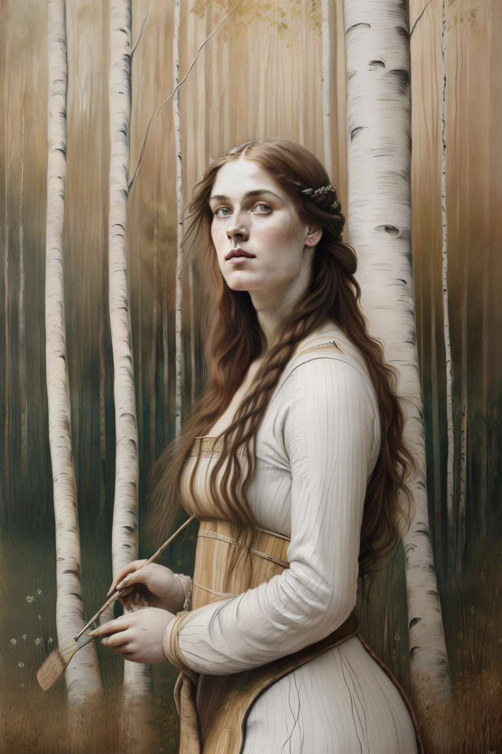 (((Painting of Pre-Raphaelite woman made of white birch trunk, tree-woman, cabelo de folhas amarelas, Mata dos Vidoeiros, tonalidade  outonal. Eye and eyebrows on birch trunk)))