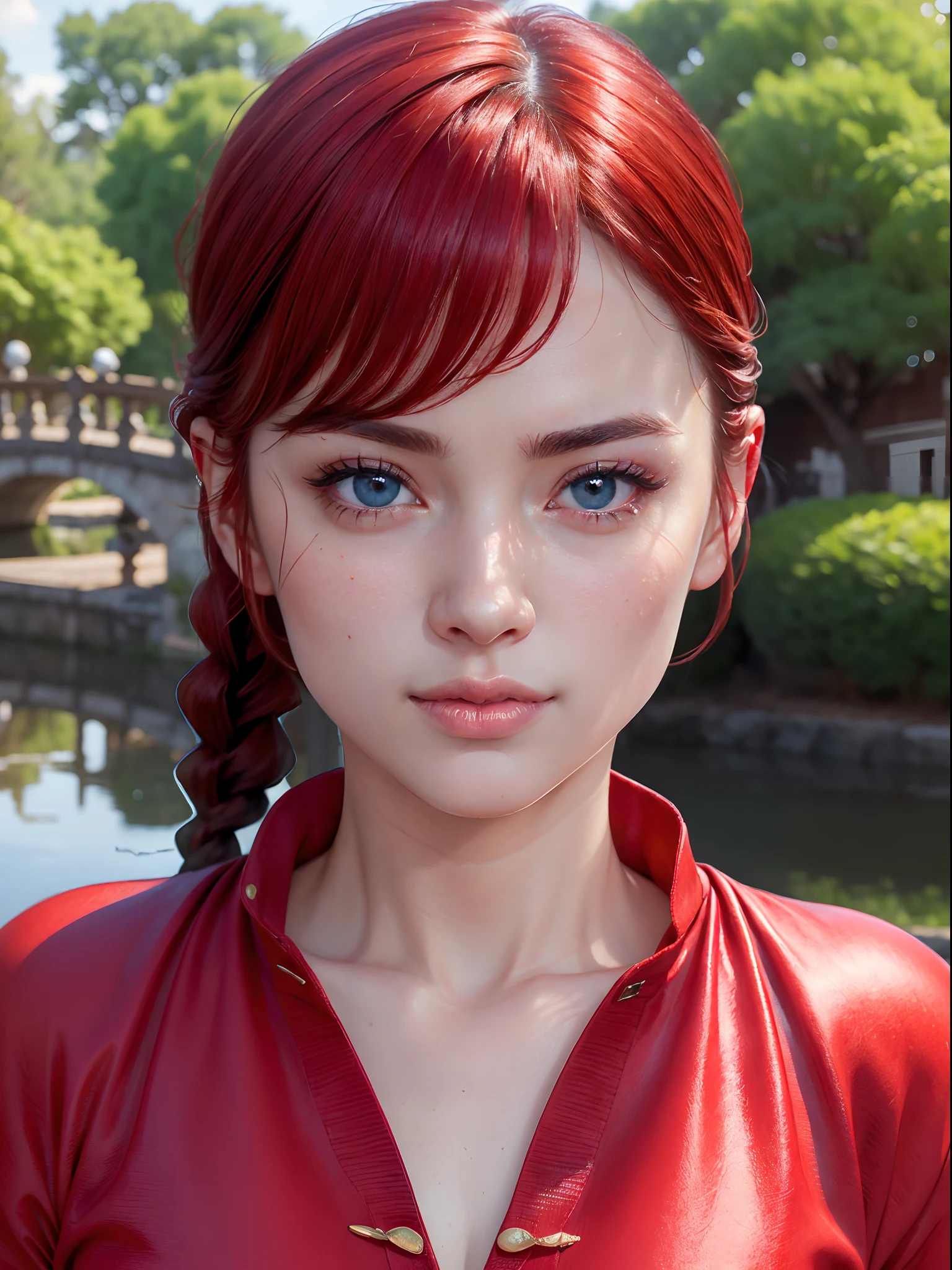 (masterpiece, best quality:1.4), (close up:1.5), (eyes focus:1), happy smile, 1girl, ranma-chan, (1girl), solo, blue eyes, (red hair),  bangs, tangzhuang, braided ponytail, sleeves rolled up, on a chinesse garden with sakura trees, a bridge and water, looking at viewer, sexy smile, beautiful face, highly detailed face, highly detailed eyes, highly detailed skin, skin pores, subsurface scattering, realistic pupils, full face blush, full lips, detailed background, depth of field, volumetric lighting, sharp focus, absurdres, realistic proportions, good anatomy, (realistic, hyperrealistic:1.4), 16k hdr,