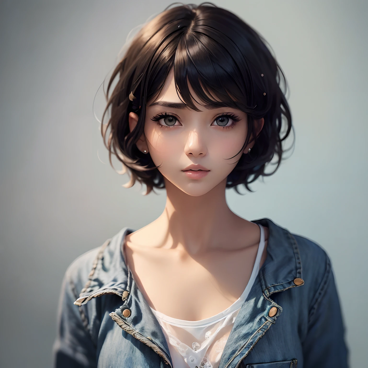 (Masterpiece), (high quality), (ultra detailed), (short hair), (illustration), (1girl), (casual clothes), standing, model, looking at the viewer, (photo essay), (blurred background), beautiful detailed eyes, beautiful and delicate face, black skin, floating, (low saturation), (bright), focus on facial expression, black hair, side bangs, --auto --s2