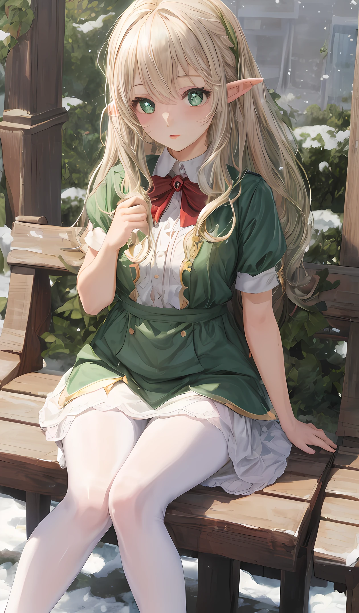 Girl sitting on a bench, nahida, pixie, elf ears, Beautiful ears, green colored eyes, People's casual clothes, pantyhouse, white pantyhose, Winter time, snowing, little chest, You can see the underpants, ???????, blackskirt, Elf Girl, 8k Graphics High-quality detailed graphics, ((Masterpiece)), Top Quality, accuracy, ((((super detaill))))