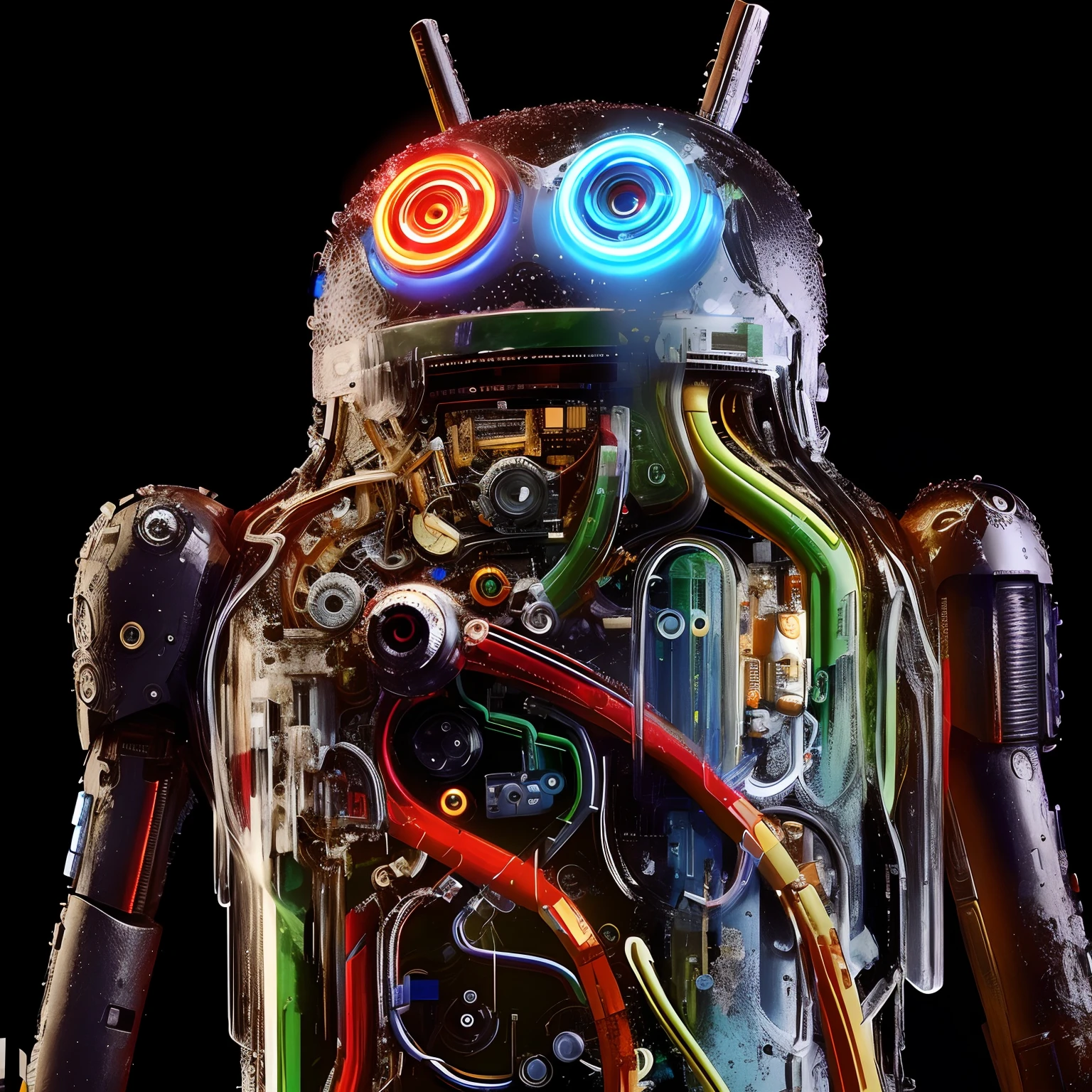 There's a robot with a bunch of different colored lights in it, Portrait of an android, Integrated synthetic android, Detailed face of an android, Anatomically correct Android, A portrait of an android, droid, by Android Jones, inspired by Android Jones, android eyes, Androide Corps, James Android, robot photography, coberto em circuitos, Mystical androideeee