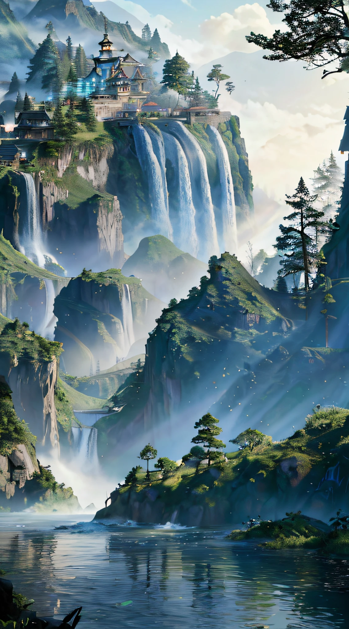 painting of a waterfall in a mountainous area with a house on the top, vertical wallpaper, 4k vertical wallpaper, 4 k vertical wallpaper, 8 k vertical wallpaper, 8k vertical wallpaper, ross tran. scenic background, beautiful mattepainting, 4 k matte painting, detailed scenery —width 672, beautiful iphone wallpaper, avatar landscape, inspired by Raphael Lacoste