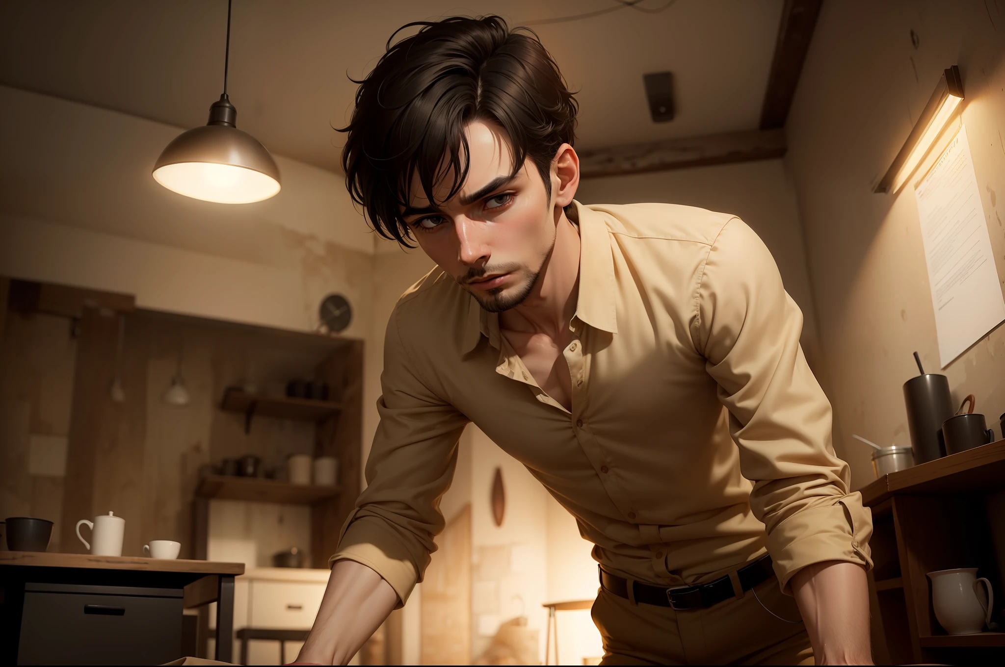 Ultra realistic 8k image of thin 25 year old man, short black hair, dressed in beige button-up blouse and beige pants, vomiting in plain, rustic, dimly lit room, faded walls, night