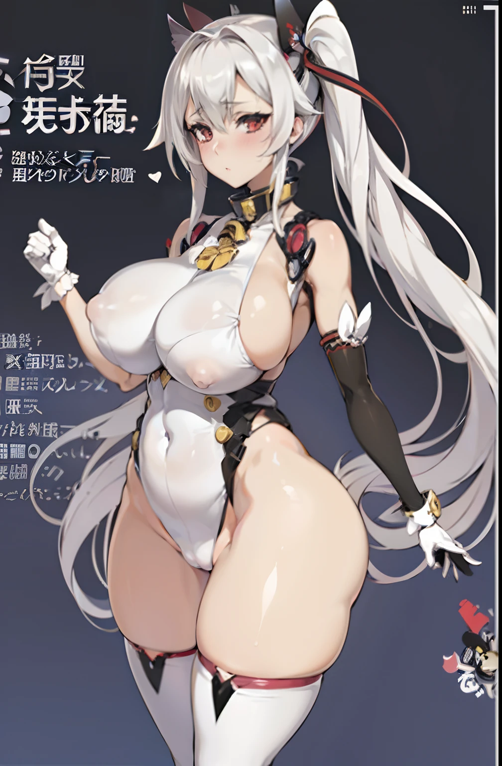 a close up of a anime of a woman with a large breasts, azur lane style, kantai collection arcade, twintails white_gloves, kantai collection style, biomechanical oppai, 8 k character details, oppai proportions, full character, oppai, oppai, :14 80s anime style, main character, character sheet, white hair, pregmant, covered nipples, lowleg panties, style of null (nyanpyoun), artist null (nyanpyoun), wide hips,