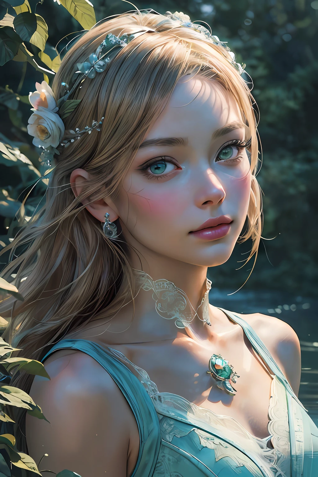 melancholy, quiet, calm, bright, masterpiece, best quality, 1girl, (JinxLol:1.2), (ultra photorealistic:1.3), (masterpiece:1.4), best quality, ((realistic)), high quality, ultra detailed, ((real image)), ((realistic tan skin)), ((realistic face)),(illustration:1.05), (beautiful:1.05), (beautiful detailed eyes:1.05), (cinematic light:1.1), colorful hair with headpieces, green eyes full body