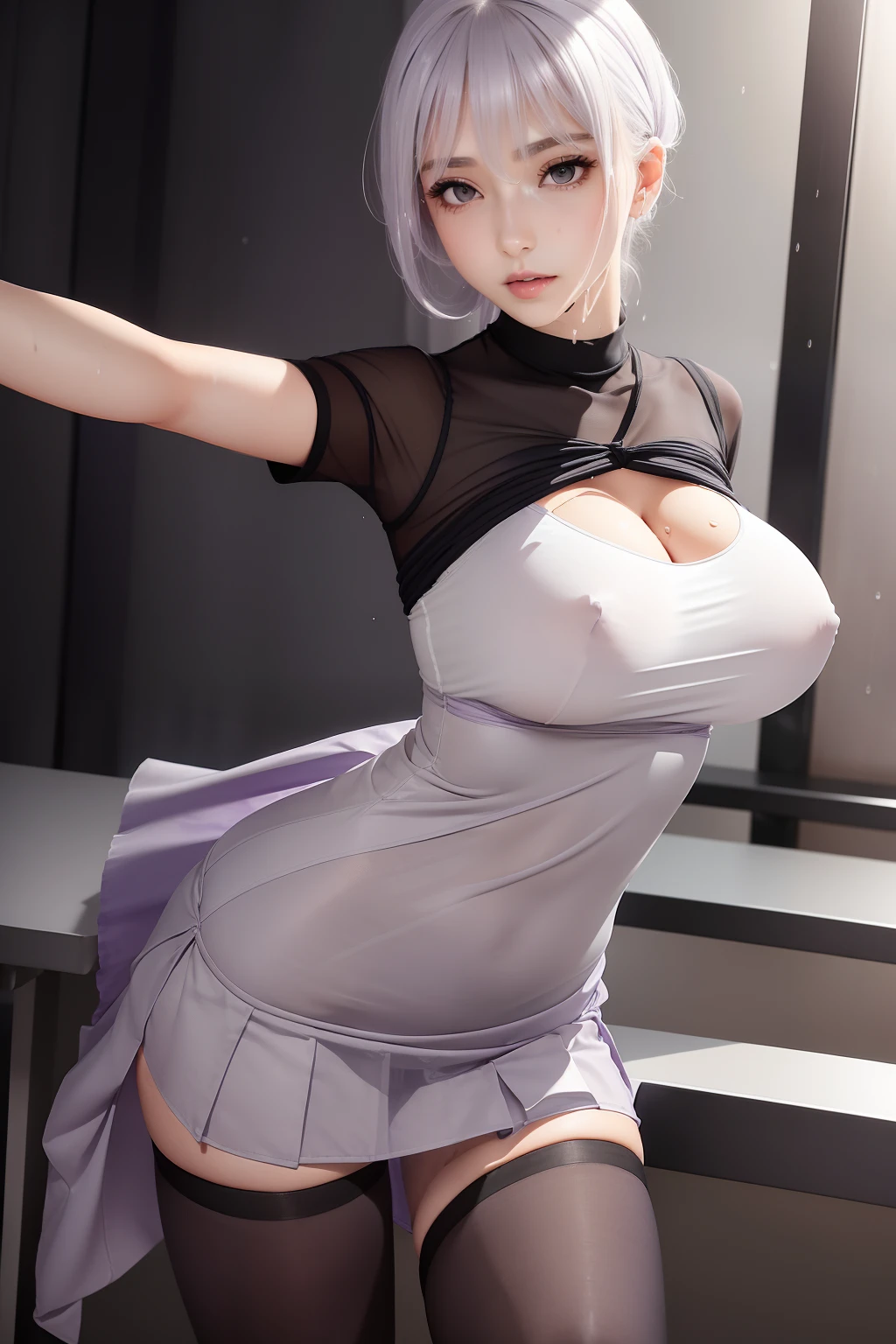 (Girl in purple shirt and light gray tight pleated slim skirt), (((black)) stockings), see-through, cute, zettai ryouiki, white hair, full body, bra, slim body, slim girl model, 24-year-old female model, lying on table, ((wet)), ((standing nipples under cloth))