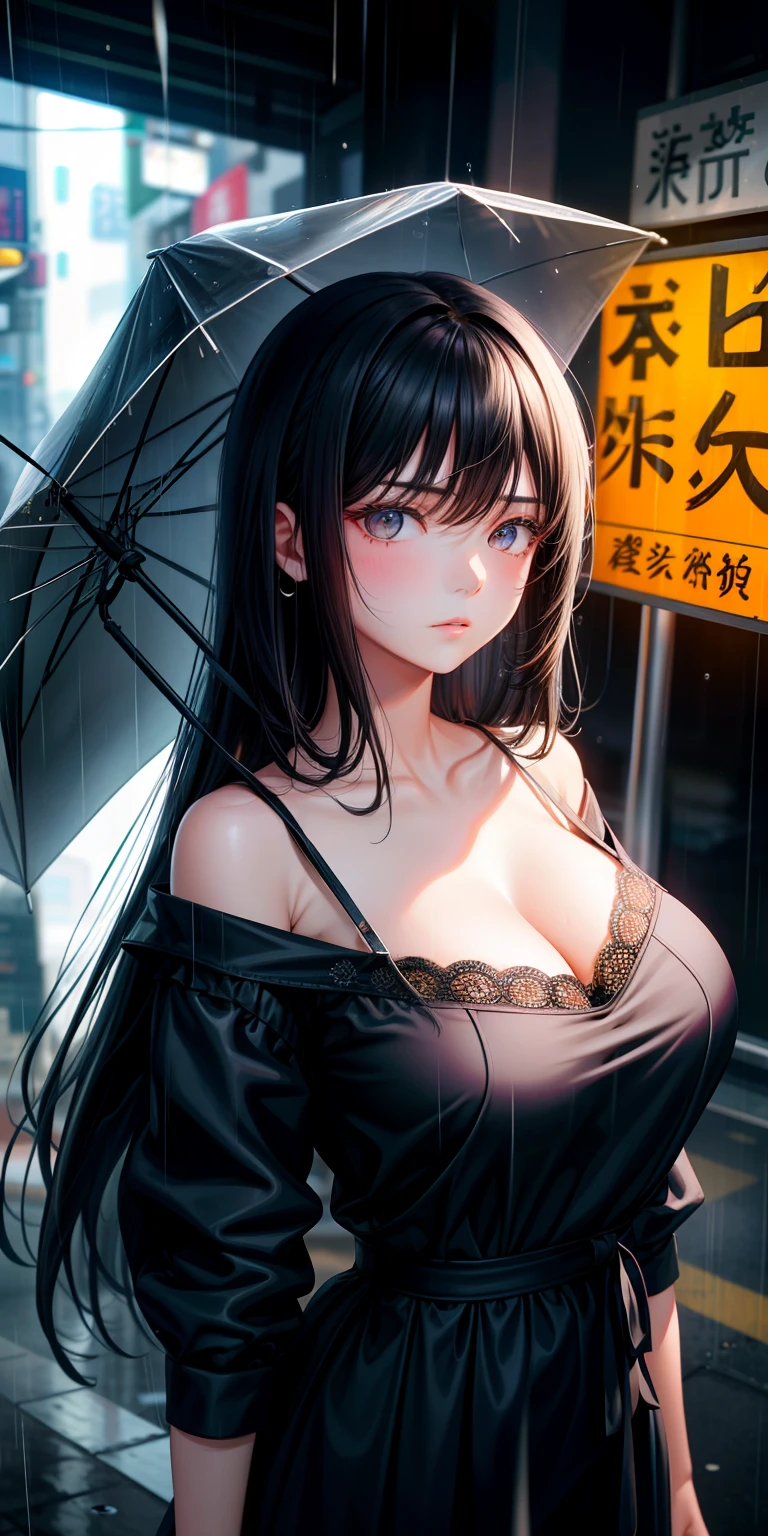 the girl with black hair,Empty eyes,big breasts beautiful,The expression is slightly sad,rainy days,Bustling streets,Lonely and deep,Ray traching,电影灯光,the detail,high qulity,Deep view。