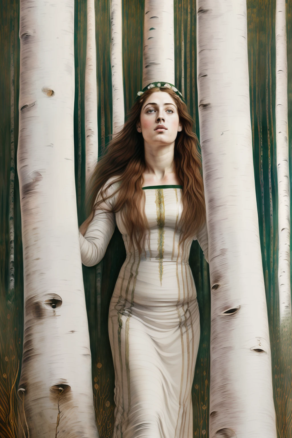 (((Painting of Pre-Raphaelite woman made of white birch trunk, tree-woman, cabelo de folhas amarelas, Mata dos Vidoeiros, tonalidade  outonal. Eye and eyebrows on birch trunk)))