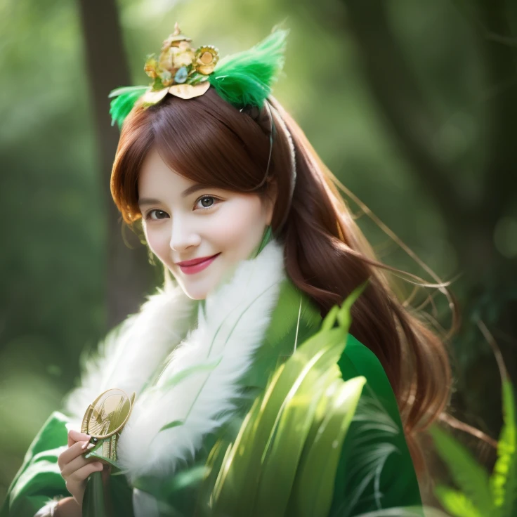 Close up portrait of smiling woman with reddish brown hair with white feather fan in green dress, in woods