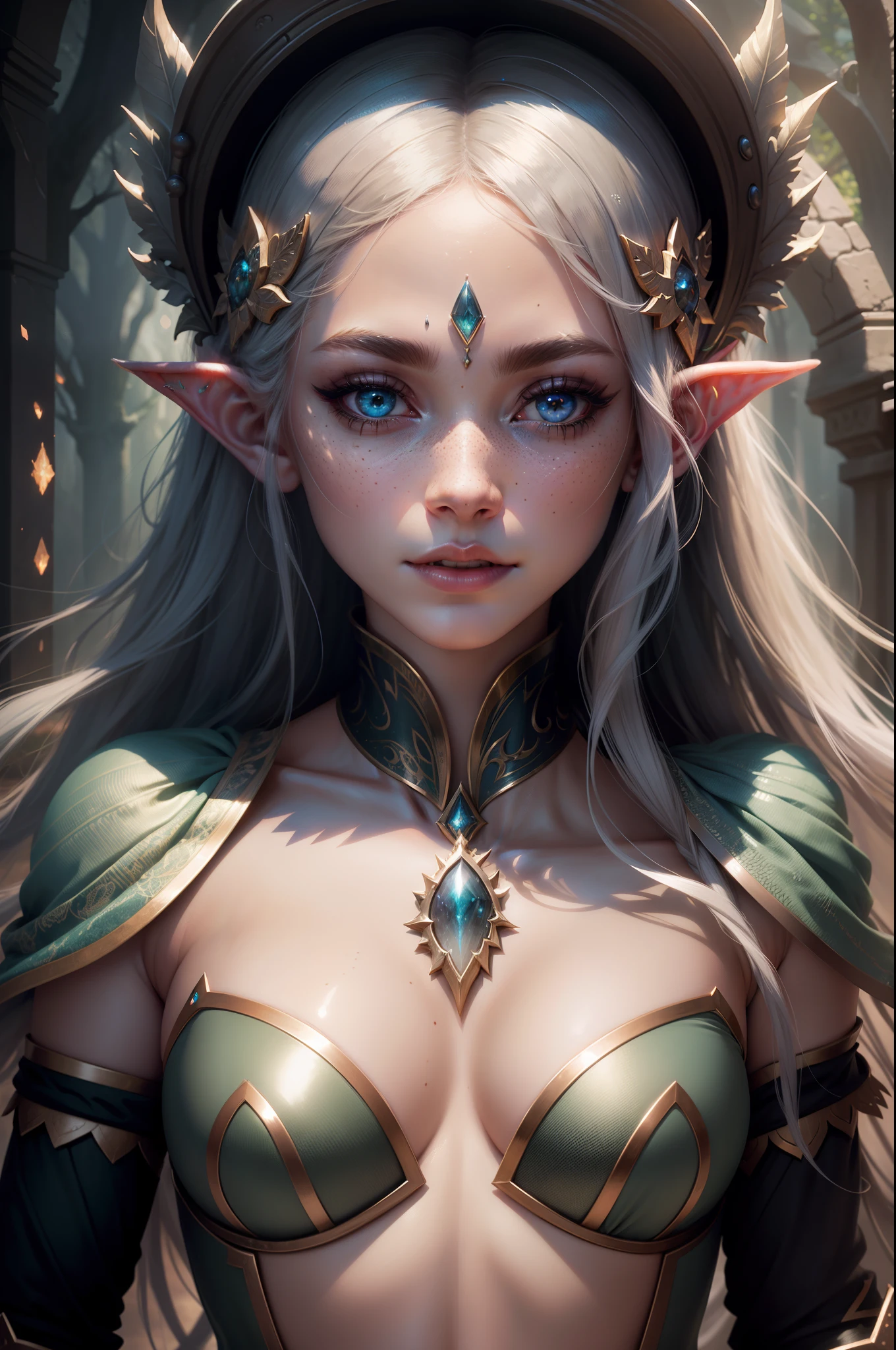 "Ultra high resolution render of an enchanting elf woman's face adorned with dark eye shadow and delicate freckles, set in a captivating and ethereal dream-like environment."
