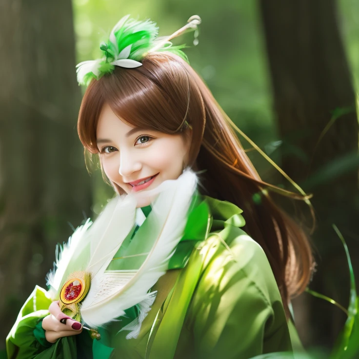 Close up portrait of smiling woman with reddish brown hair with white feather fan in green dress, in woods