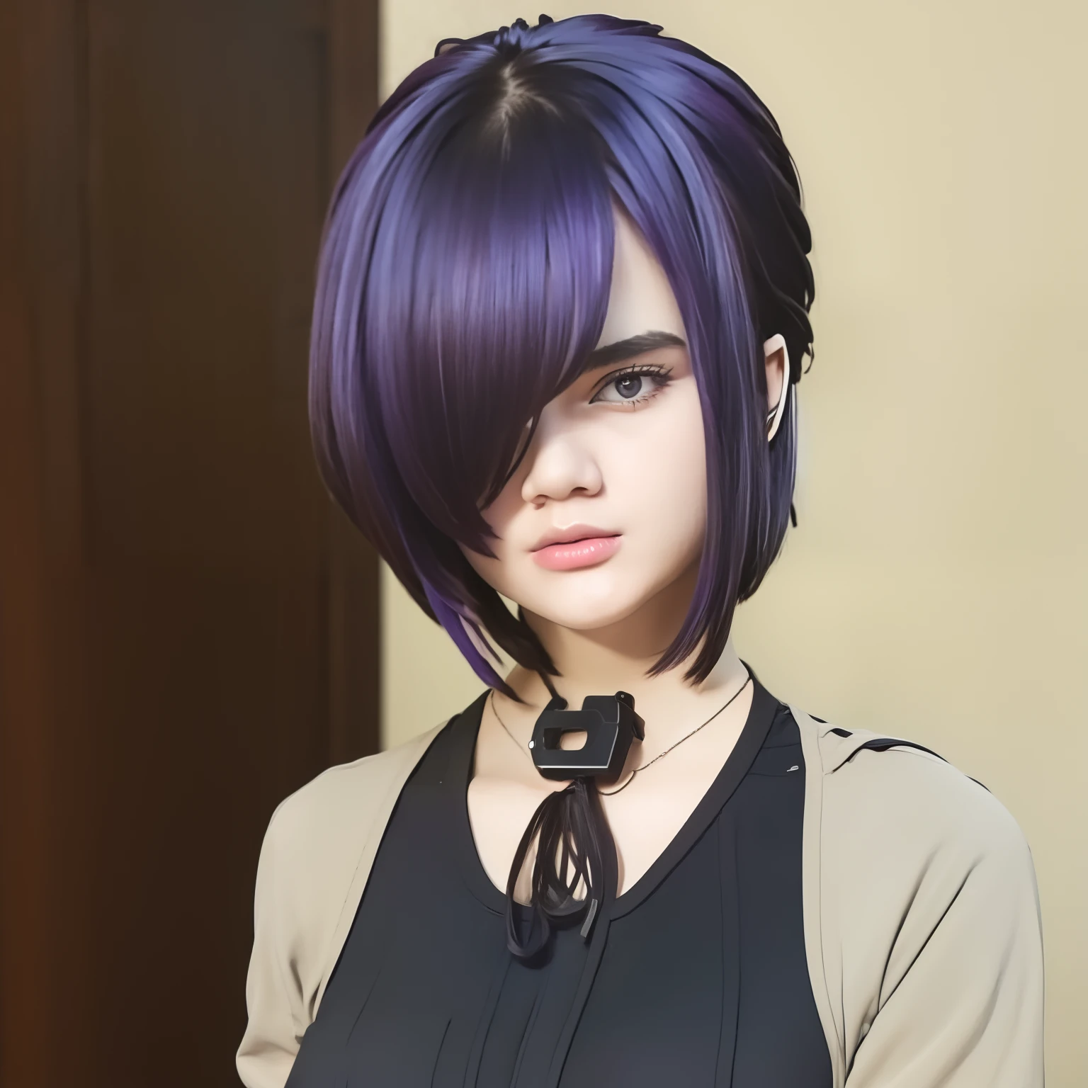 1girl,bigbobss,short hair,purple hair,realistic,ultra detail,hd,