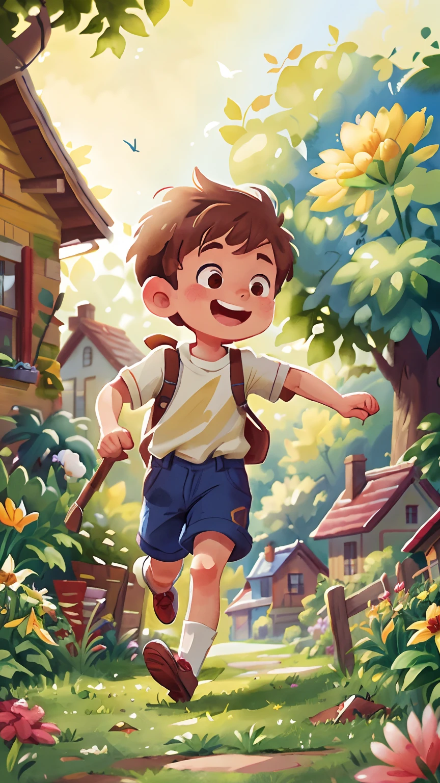 Watercolour. Boy, brown haired, smiling, very cheerful, running, wearing a gardener and white blouse, seen from the back, he is parroting. Full body, the background is a beautiful and cozy country house, garden with flowers, sunny, perfect quality, (mess-house: 0.8), (masterpiece: 1.2) (Realistic: 1.2) (Bokeh) (Best quality) (Detailed skin: 1.3) (Intricate details) (8K) (Detail eyes) (Sharp focus), (Happy)