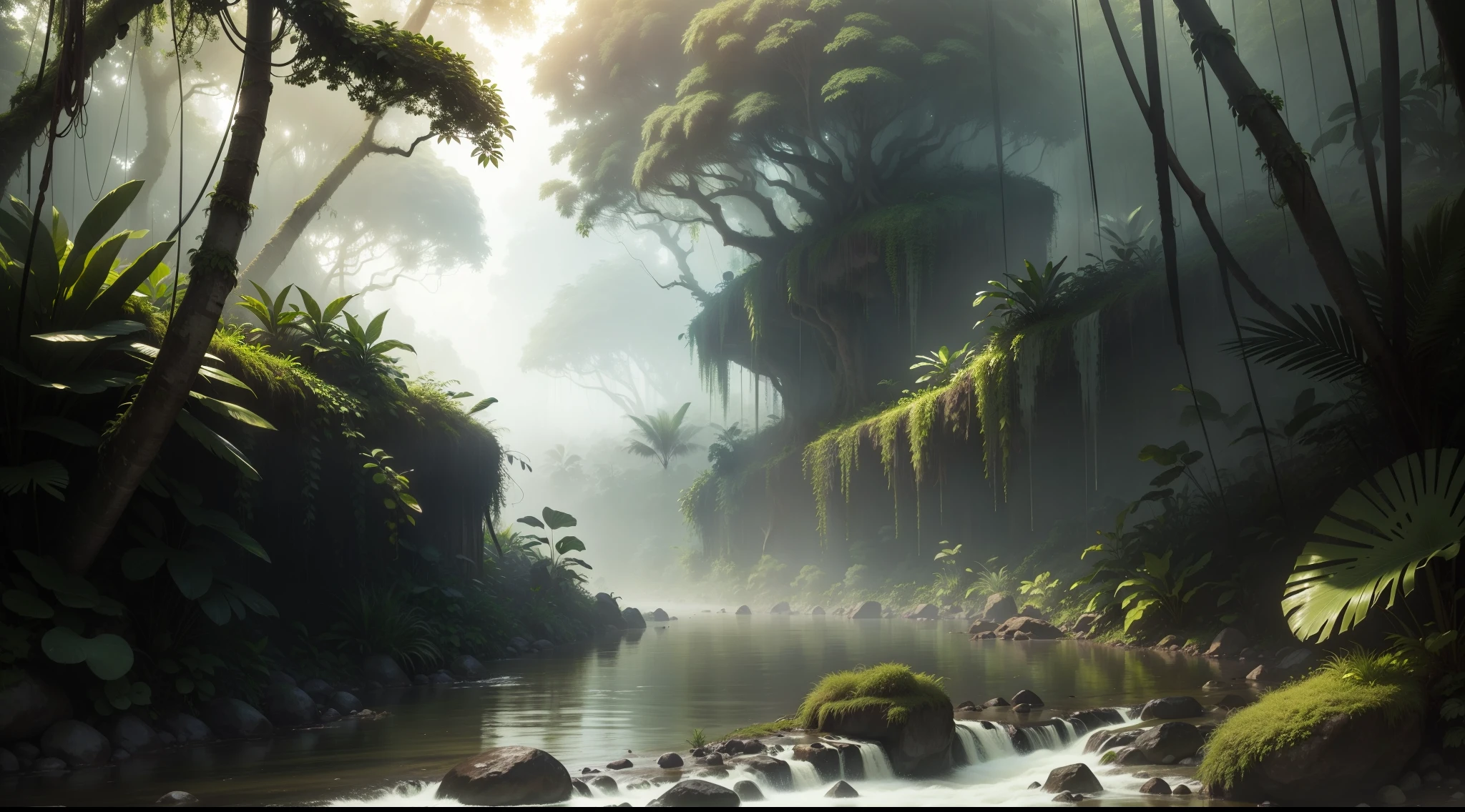 in a highly detailed jungle, Dense jungle, foggy jungle in the background, foggy jungle, jungle clearing, on a jungle forest, overgrown jungle environment, jungle setting, tropical forest, jungle as the background, Colombian jungle,,There is a river that runs through a lush green forest full of rocks