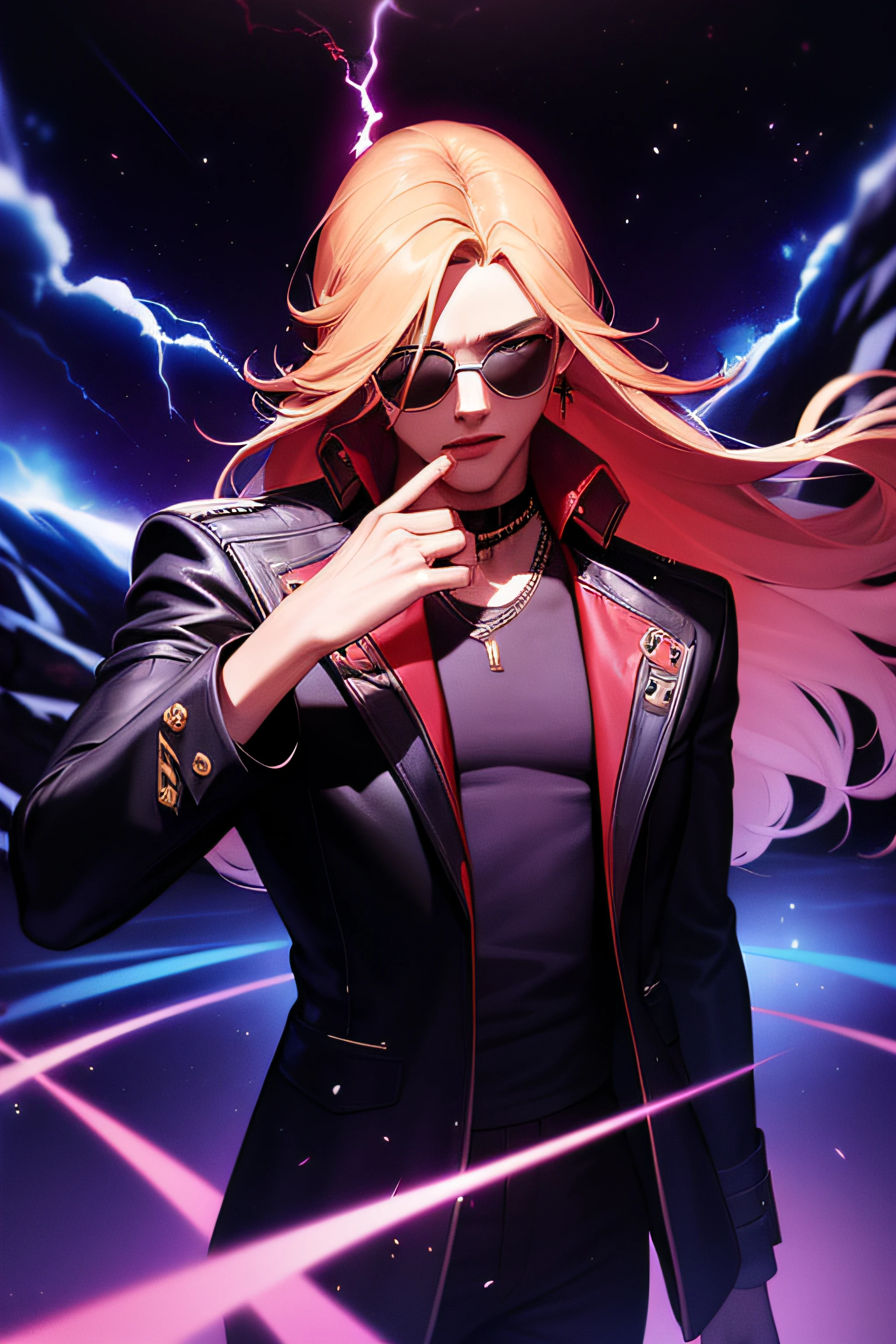 1 solo Axl Rose com as roupas terno social preto, with sunglasses, raios ao redor de si, thunders, thunders , cabelo blond, roupas pretas, vestes pretas, Nebula and smoke, pano preto, both hands together holding a lightning bolt, a thunder, tempo fechado, tempo nublado, Tempo escuro, Cidade, raios ao redor , com o planeta terra no fundo, and lightning in the hand