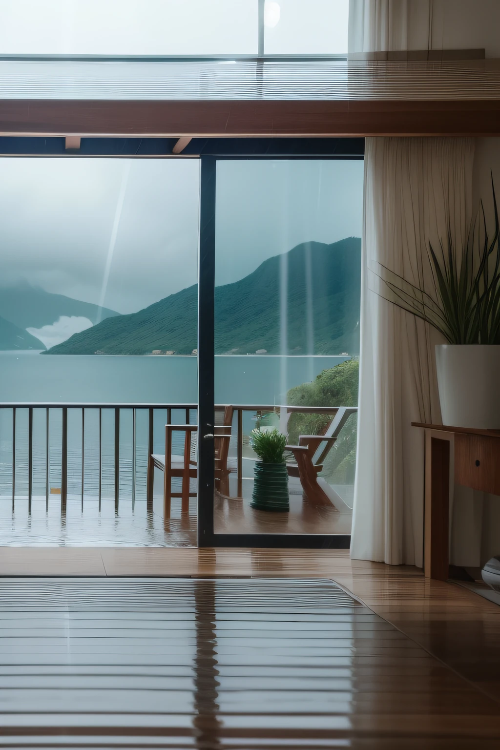 there is a table with a vase on it in front of a window, moody setting, monsoon on tropical island, overlooking the beach, quiet and serene atmosphere, serene beach setting, paradise in the background, ocean view, looking outside, beach setting, next to the reflecting ocean, inside on a heavy rainy day, tropical location, there is a window to the sea, beautiful environment and rain drops coming from the sky. You can see the raindrops in the water and rain running off the roof. make the rain more prominent in the picture
