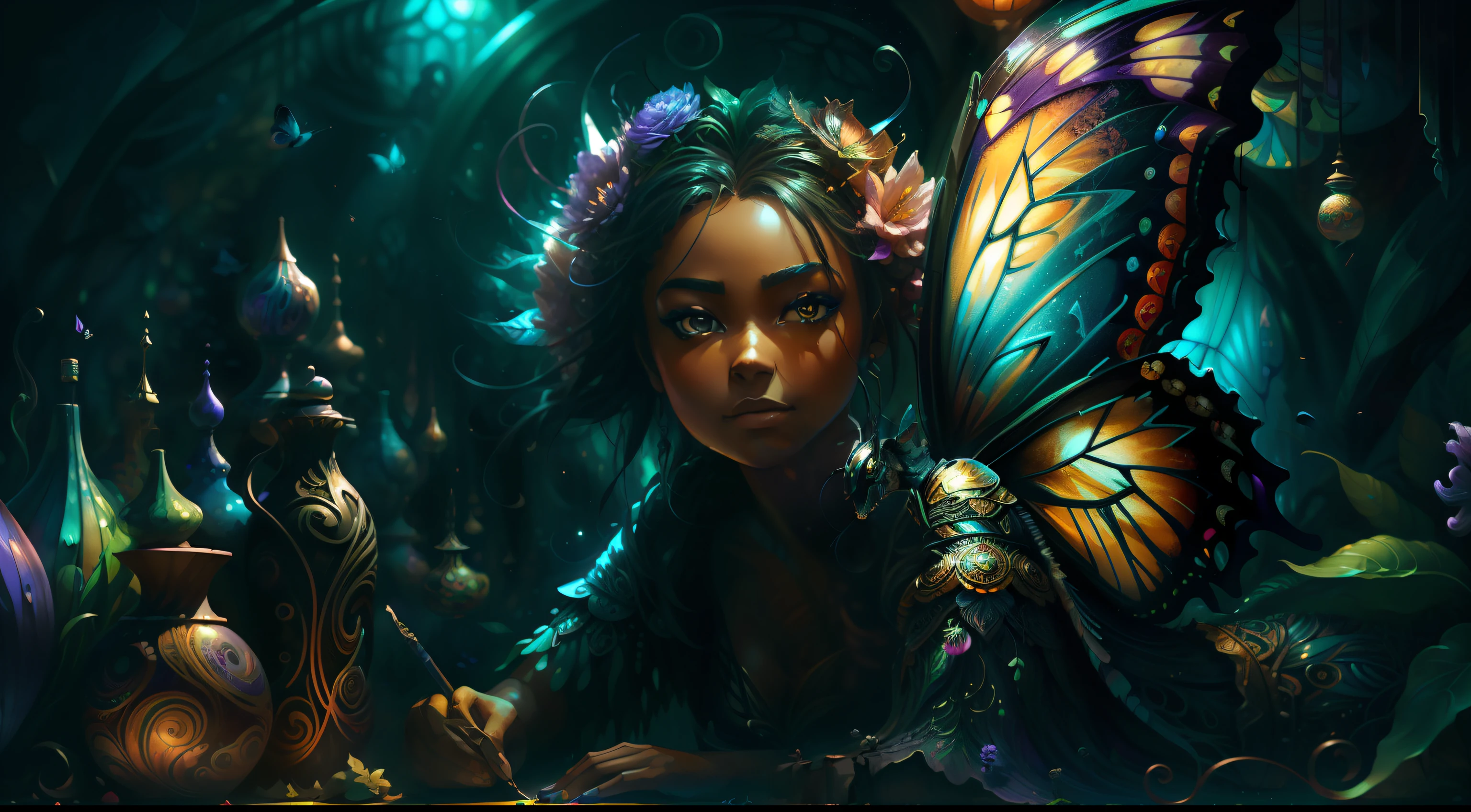 Best quality, masterpiece, super high resolution, an african fairy in a futuristic cyberpunk garden, enchanting, high detail, (butterfly wings), (fully clothed body), (dark brown skin), (purple armor) , looking at camera, masterpiece (realistic texture: 1.2), (realistic details: 1.2), (realistic details: 1.2), ([front | side]:1.1), HDR, ultra-refined 3D modeling, as magical as the style paintings painted by Tim Burton, Dale Chihuly, Xiaolongcheng, Cyril Rolando and other authors such as Jr. Gigue. Shadows and lighting intertwine to create brilliant effects.