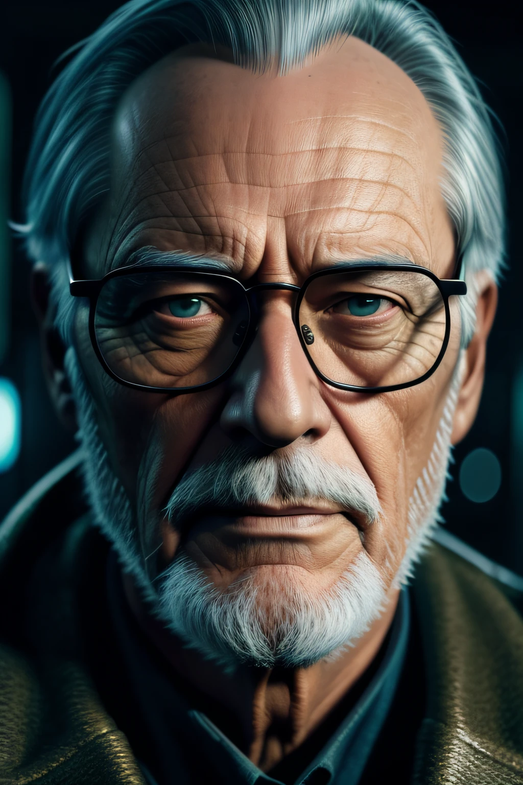 a ((centered)) close up of a man wearing glasses and a coat, cyberpunk old man, beeple and jean giraud, highly detailed vfx portrait, inspired by roger deakins, highly detailed vfx portrait of, imaginefx : : hyperrealism, jacques - yves cousteau, hyperrealism concept art, hyperrealistic cgi, still from half-life movie