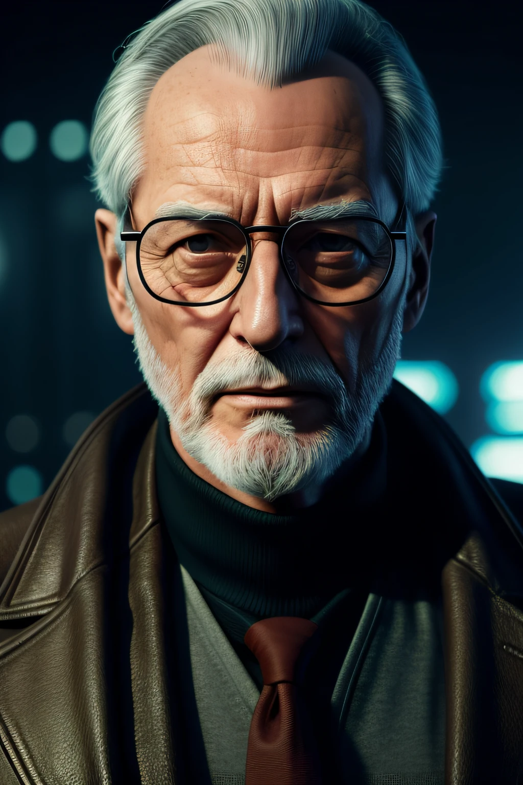 a ((centered)) close up of a man wearing glasses and a coat, cyberpunk old man, beeple and jean giraud, highly detailed vfx portrait, inspired by roger deakins, highly detailed vfx portrait of, imaginefx : : hyperrealism, jacques - yves cousteau, hyperrealism concept art, hyperrealistic cgi, still from half-life movie