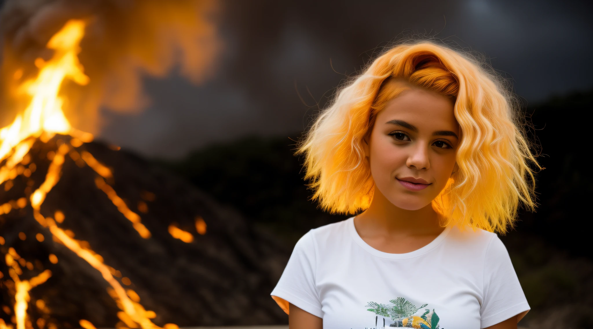 A closeup of a child with yellow hair and a white top, cabelo de fogo, cabelos flamejantes, cabelo feito de fogo, cabelo como fogo, her hair is made out of fire, her hair is on fire, cabelo laranja brilhante, projeto da menina chifres exuberantes, cabelo louco, cabelos eletrificados, cabelo de cenoura, longos cabelos loiros flamejantes, cabelo funky, orange hair