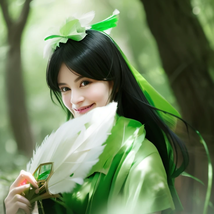 With black hair in a green dress(White feather fan)Close up portrait of smiling woman holding, in woods