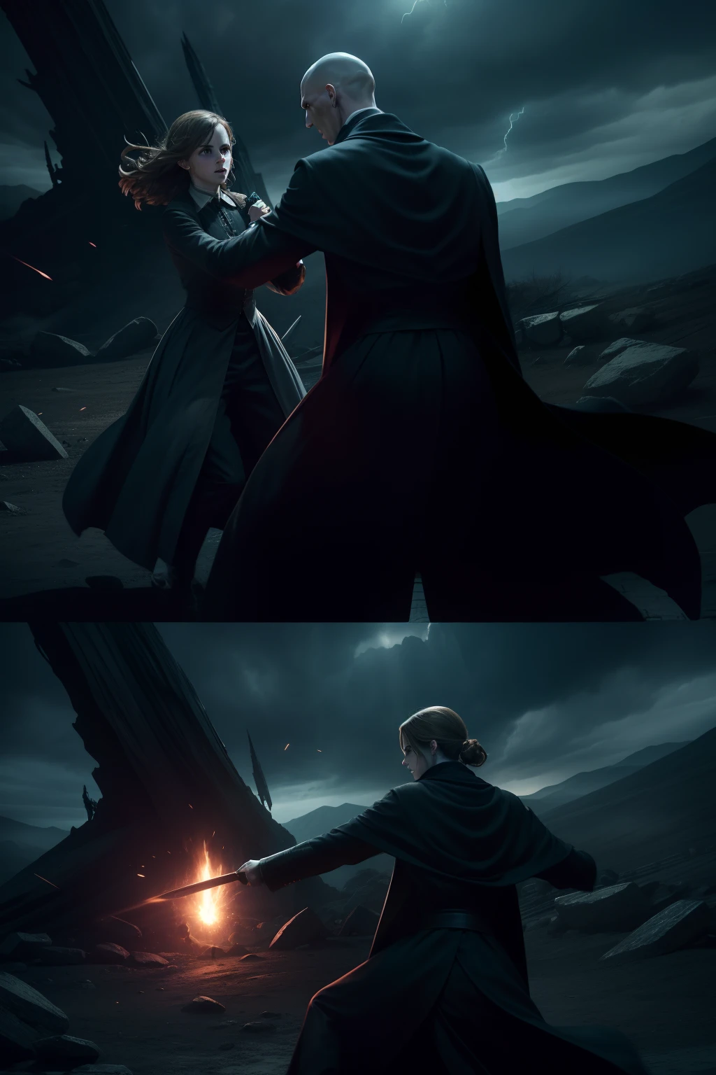 "Emma Watson and Voldemort in an intense and dramatic battle, showcasing their powerful and contrasting abilities. The scene is filled with dark shadows, eerie atmosphere, and bursts of magical energy. Capture their intense facial expressions and unique character designs, with emphasis on their distinctive features. The composition should highlight the tension and dynamic movement in the scene, with dramatic lighting and compelling visual effects."