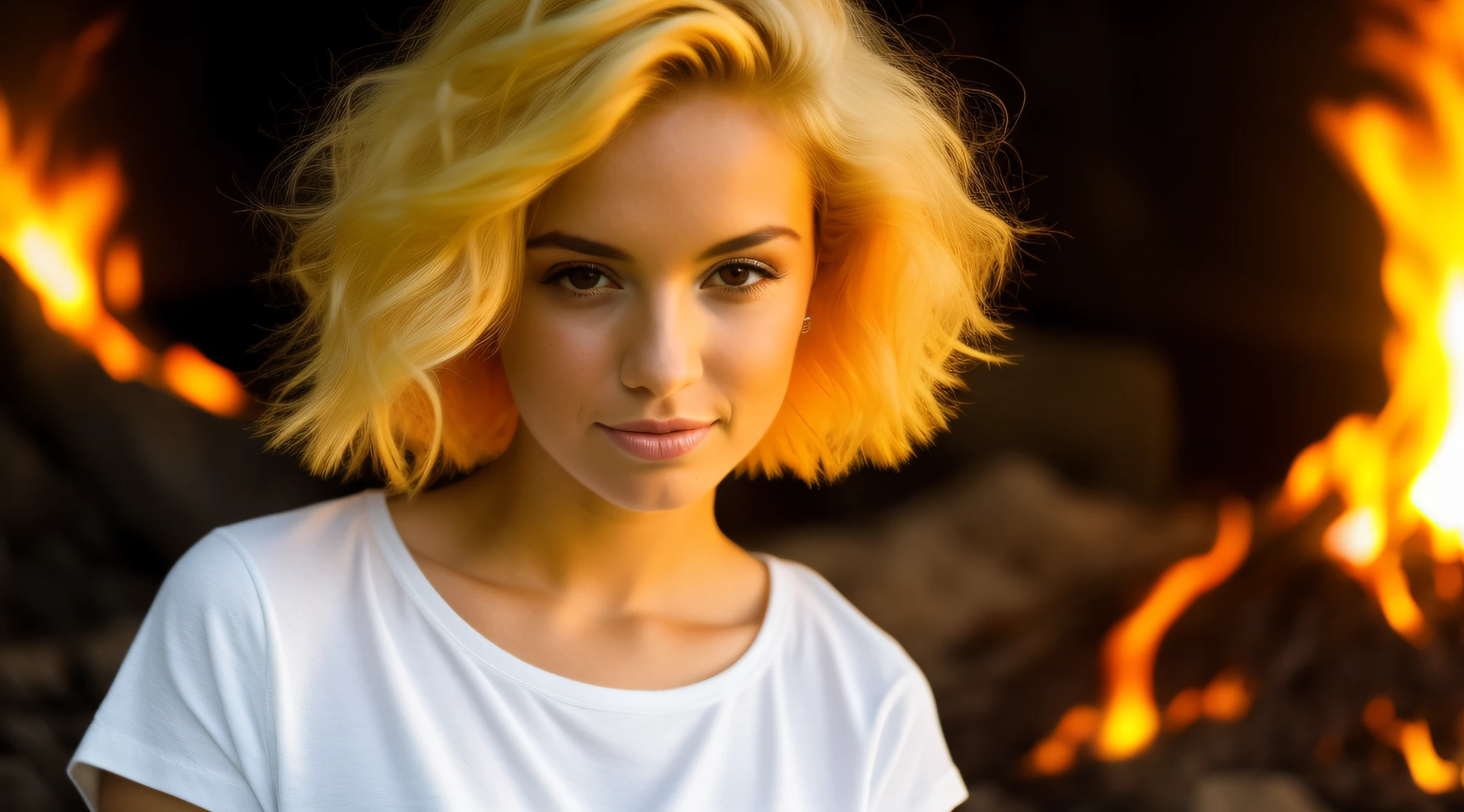 A closeup of a with yellow hair and a white top, cabelo de fogo, cabelos flamejantes, cabelo feito de fogo, cabelo como fogo, her hair is made out of fire, her hair is on fire, cabelo laranja brilhante, projeto da menina chifres exuberantes, cabelo louco, cabelos eletrificados, cabelo de cenoura, longos cabelos loiros flamejantes, cabelo funky, orange hair