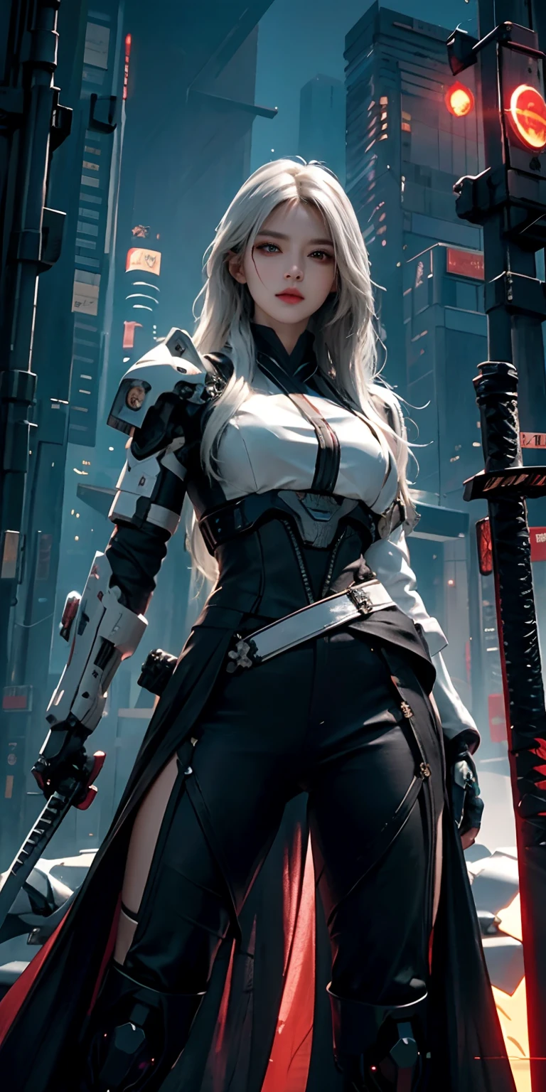 photorealistic, high resolution, soft light,1women, solo, hips up, (detailed face), white long hair, cybersamurai, cyborg, cyberpunk,  cyber armor, holding weapon,glowing,katana, city at night