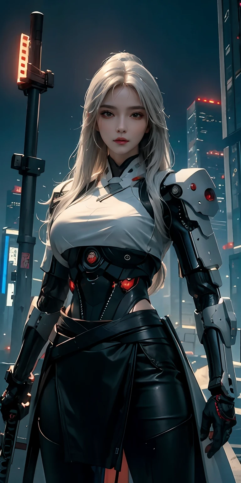 photorealistic, high resolution, soft light,1women, solo, hips up, (detailed face), white long hair, cybersamurai, cyborg, cyberpunk,  cyber armor, holding weapon,glowing,katana, city at night