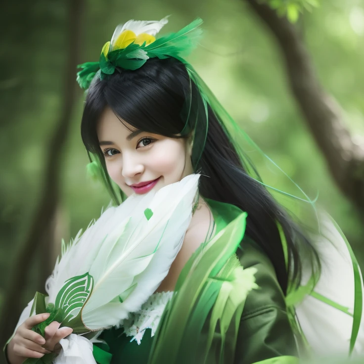 With black hair in a green dress(White feather fan)Close up portrait of smiling woman holding, in woods
