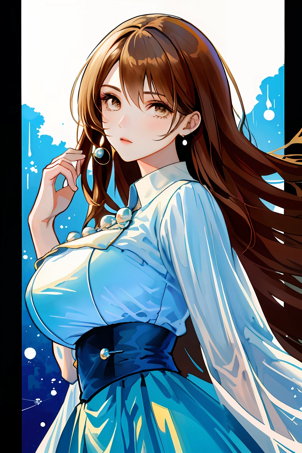 Humanoid style, Digital illustration, half-body portrait，comic cover, 1girll，modern day，big breasts beautiful，Stunning，Stunning face，big breasts enchanting，sideface， Brown hair long，aquarelle，Dust，Long loose skirt，teardrop，pearls，Head down and think，Hazy