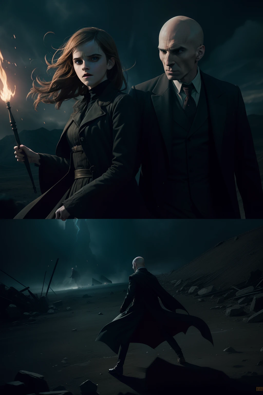 "Emma Watson and Voldemort in an intense and dramatic battle, showcasing their powerful and contrasting abilities. The scene is filled with dark shadows, eerie atmosphere, and bursts of magical energy. Capture their intense facial expressions and unique character designs, with emphasis on their distinctive features. The composition should highlight the tension and dynamic movement in the scene, with dramatic lighting and compelling visual effects."