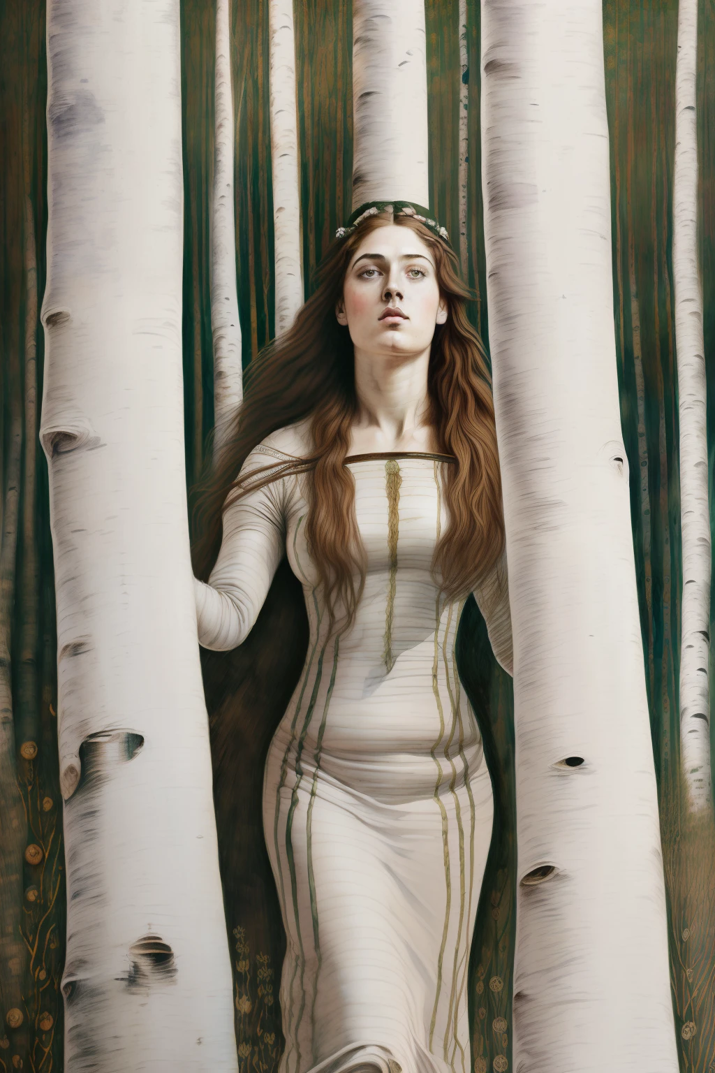 (((Painting of Pre-Raphaelite woman made of white birch trunk, tree-woman, cabelo de folhas amarelas, Mata dos Vidoeiros, tonalidade outonal. Eye and eyebrows on birch trunk, "olhos e sobrancelhas")))
