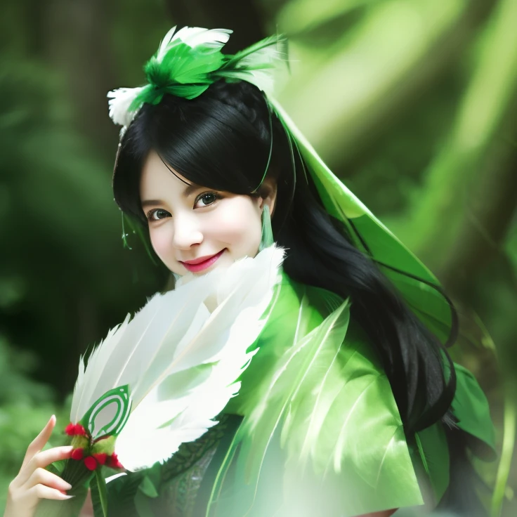 With black hair in a green dress(White feather fan)Close up portrait of smiling woman holding, in woods