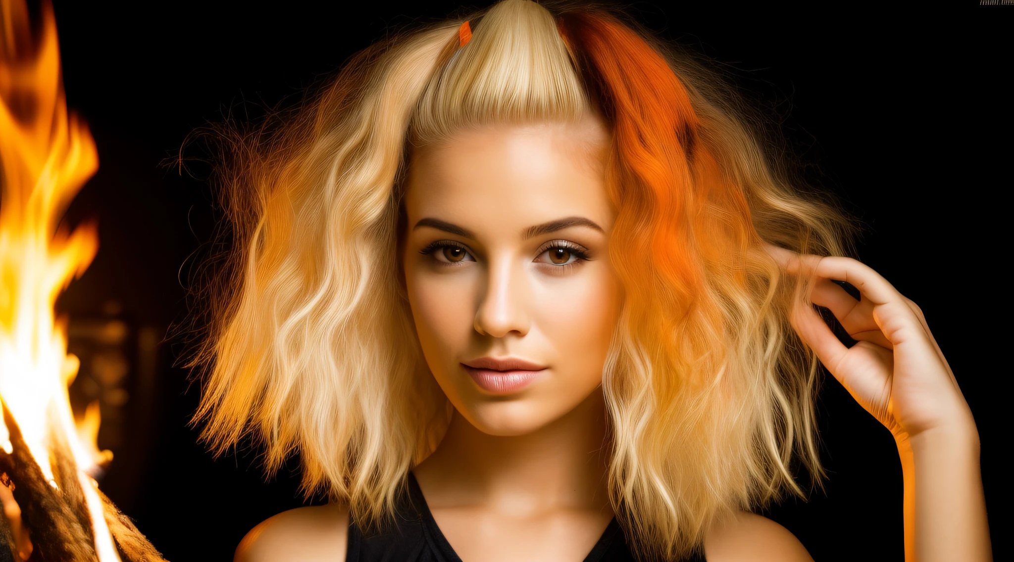 A closeup of a  with yellow hair and a white top, cabelo de fogo, cabelos flamejantes, cabelo feito de fogo, cabelo como fogo, her hair is made out of fire, her hair is on fire, cabelo laranja brilhante, projeto da menina chifres exuberantes, cabelo louco, cabelos eletrificados, cabelo de cenoura, longos cabelos loiros flamejantes, cabelo funky, orange hair