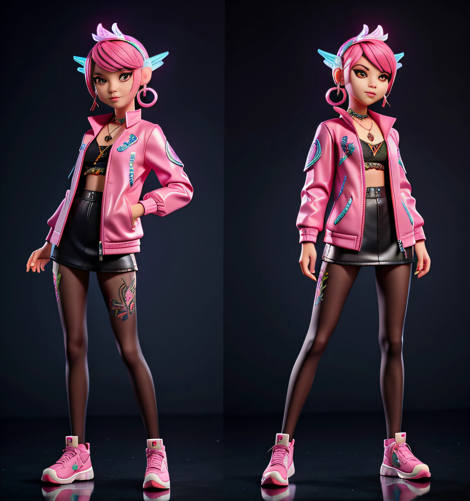 1 girl, 3d stylized character, Asian, Asian tattoos on the body, short pink hair, piercing, voluminous short jacket, pendant on the neck, cyberpack style, glowing elements in the costume, 3/4 position, bottom view, long legs, skinny, pantyhose mesh, a lot of earrings on the ears, holding a smartphone with a hologram in the hand, super detailing, Asian ornaments on clothes, a dragon on the jacket