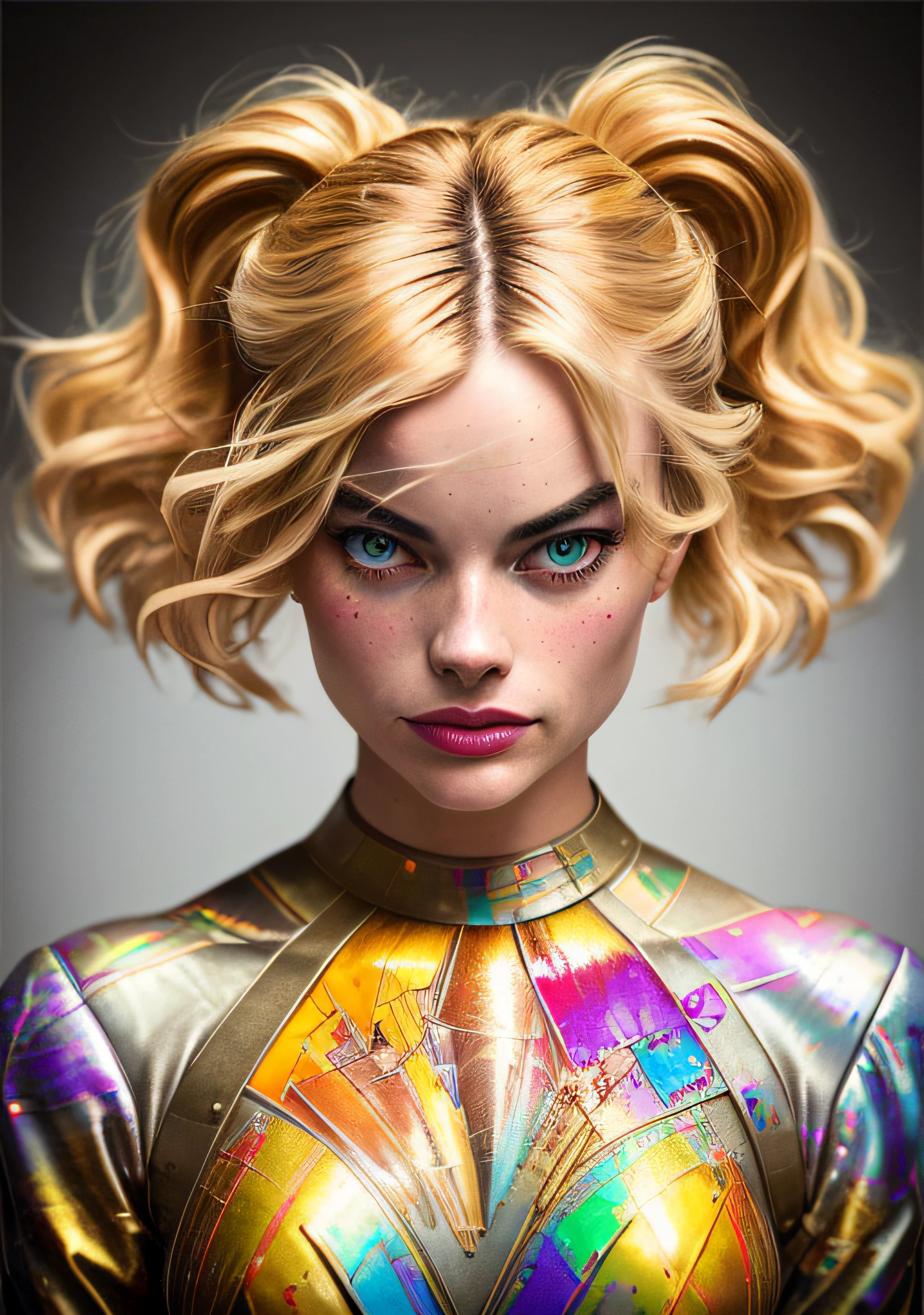 Margot Robbie beautiful woman, shoulder length messy hair, rainbow an gold pvc catsuit, happy, Full body, Beautiful anime waifu style girl, hyperdetailed painting, luminism, art by Carne Griffiths and Wadim Kashin concept art, 4k resolution, fractal isometrics details bioluminescence , 3d render, octane render, intricately detailed , cinematic, trending on artstation Isometric Centered hyperrealistic cover photo awesome full color, hand drawn , gritty, realistic mucha , intricate, hit definition , cinematic,Rough sketch, bold lines, on paper, Low Angle Shot Pewter lighting, 50mm f/1.4 Hyperrealism --aspect 5:4 --s 750 --v 5.2