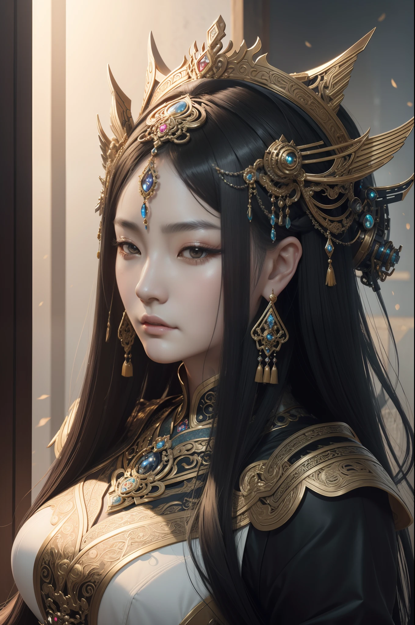a close up of a woman wearing a fancy headpiece with a large head piece, intricate wlop, by Russell Dongjun Lu, a beautiful fantasy empress, portrait of a cyborg queen, chengwei pan on artstation, simple futurist cyborg empress, inspired by Ai Xuan, intricate ornate anime cgi style, cgsociety masterpiece, 4k highly detailed digital art