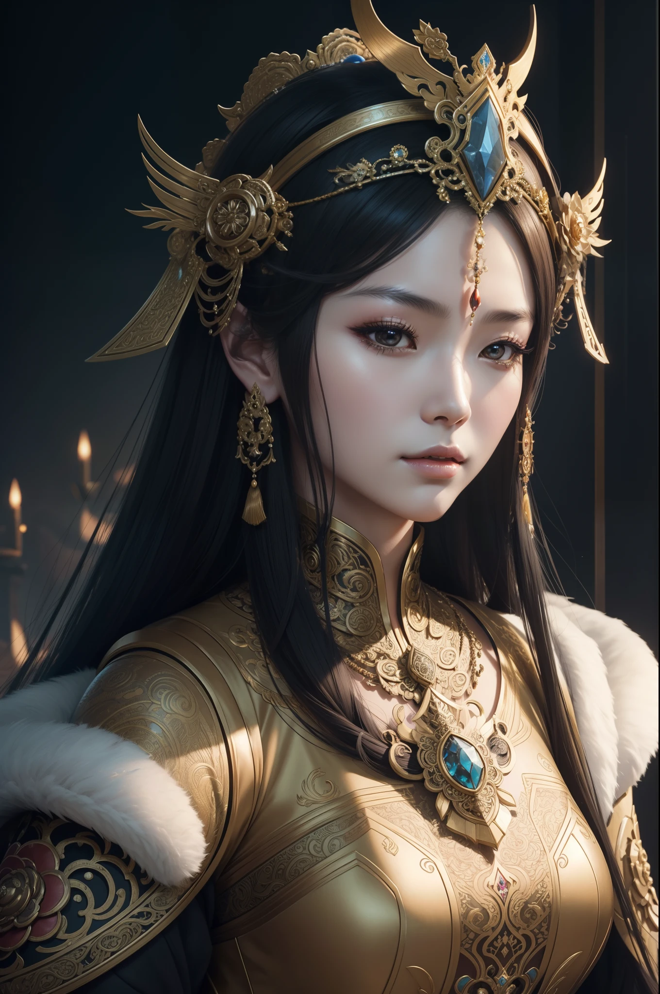 a close up of a woman wearing a fancy headpiece with a large head piece, intricate wlop, by Russell Dongjun Lu, a beautiful fantasy empress, portrait of a cyborg queen, chengwei pan on artstation, simple futurist cyborg empress, inspired by Ai Xuan, intricate ornate anime cgi style, cgsociety masterpiece, 4k highly detailed digital art