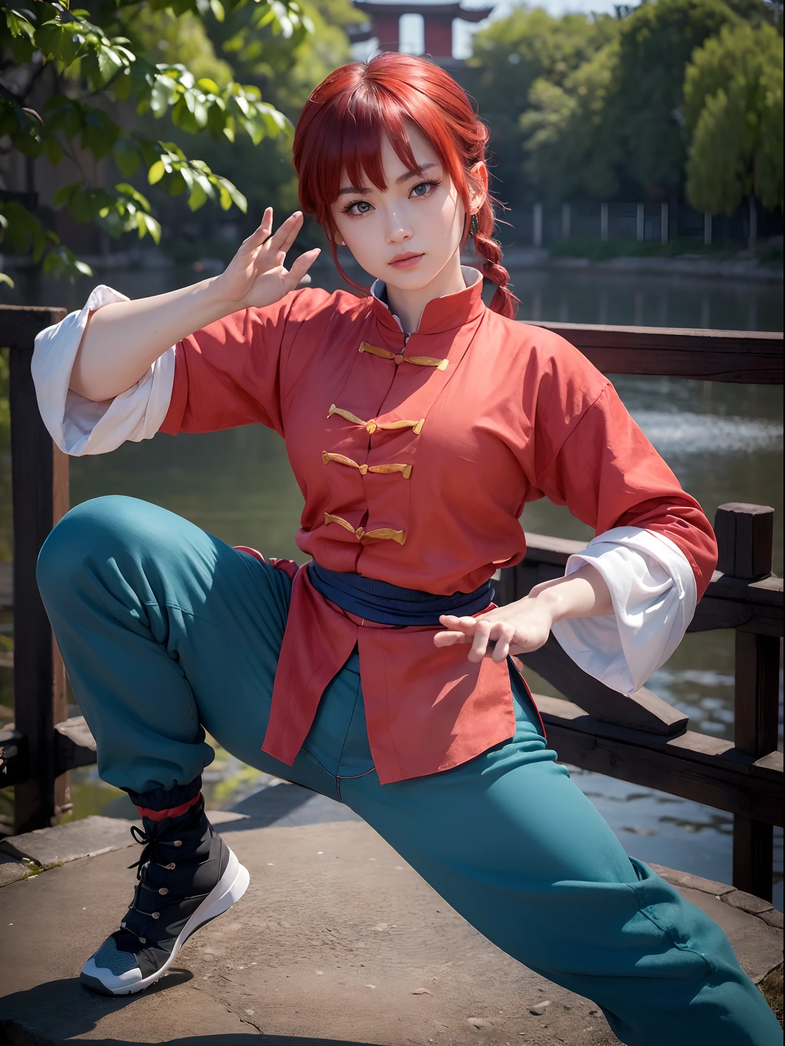 (masterpiece, best quality:1.4), (kung-fu pose:1.5), (1girl:1.5), ranma-chan, solo, blue eyes, (red hair), bangs, tangzhuang, braided ponytail, sleeves rolled up, black pants, black footwear, on a chinesse garden with sakura trees, a bridge and water, looking at viewer, sexy smile, beautiful face, highly detailed face, highly detailed eyes, highly detailed skin, skin pores, subsurface scattering, realistic pupils, full face blush, full lips, detailed background, depth of field, volumetric lighting, sharp focus, absurdres, realistic proportions, good anatomy, (realistic, hyperrealistic:1.4), 16k hdr,