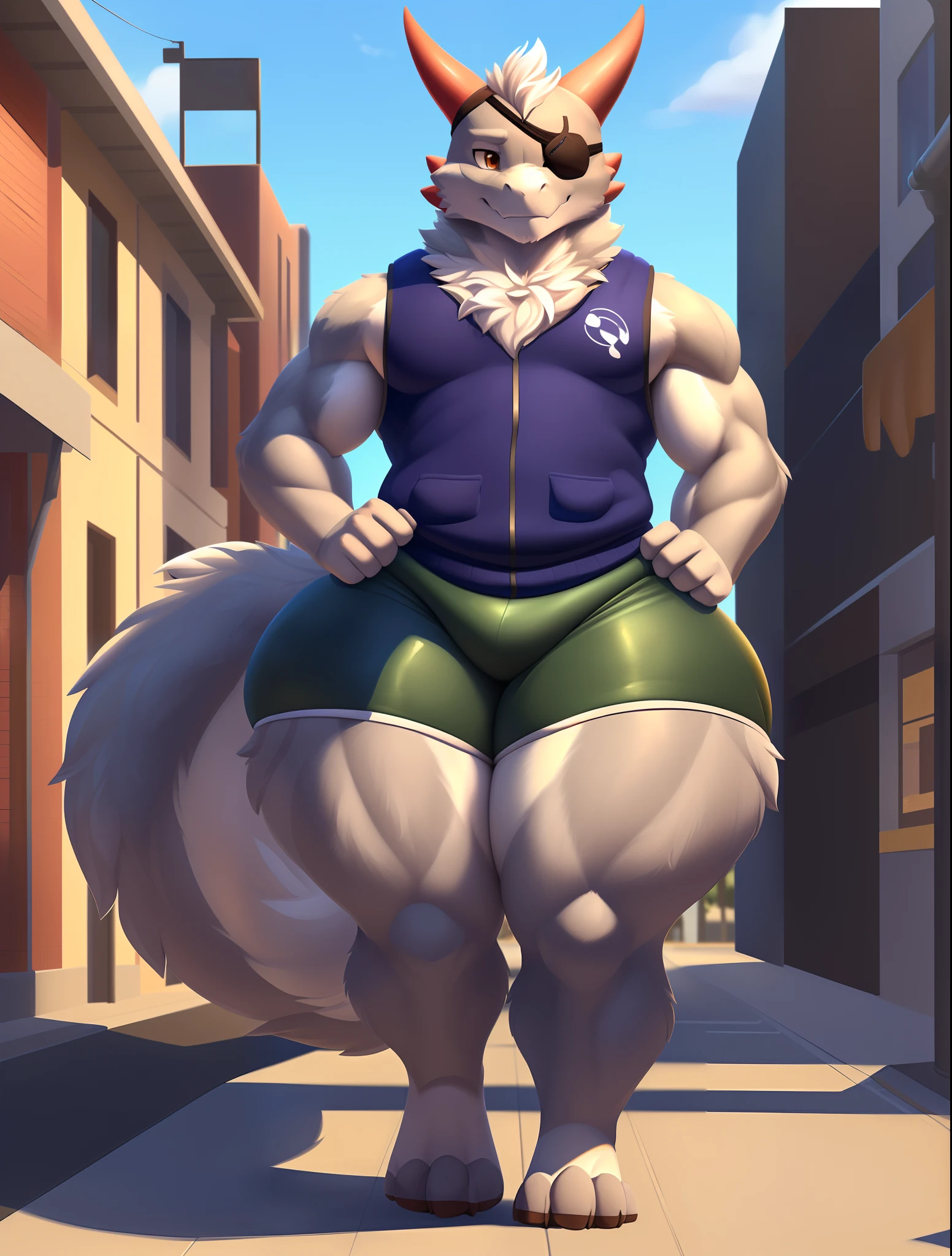 (((SFW))), (furry art, uploaded on e621:1.4), 1boy, (solo_focus), (((((big butt, big thighs, buff body))))), ((furred kobold)) ((sweatervest, sports shorts)), (short male), (male) (furred kobold:1.5) anthro, ((grey fur)), (upper body:1.3), in city walking on sidewalk, solo focus, detailed face, detailed eyes, detailed fur, ((full body pov)), digital painting, natural lighting, photorealistic, ((left eyepatch)), ((((3 feet tall)))), ((big floofy tail)), detailed perspective, ((((front view))))