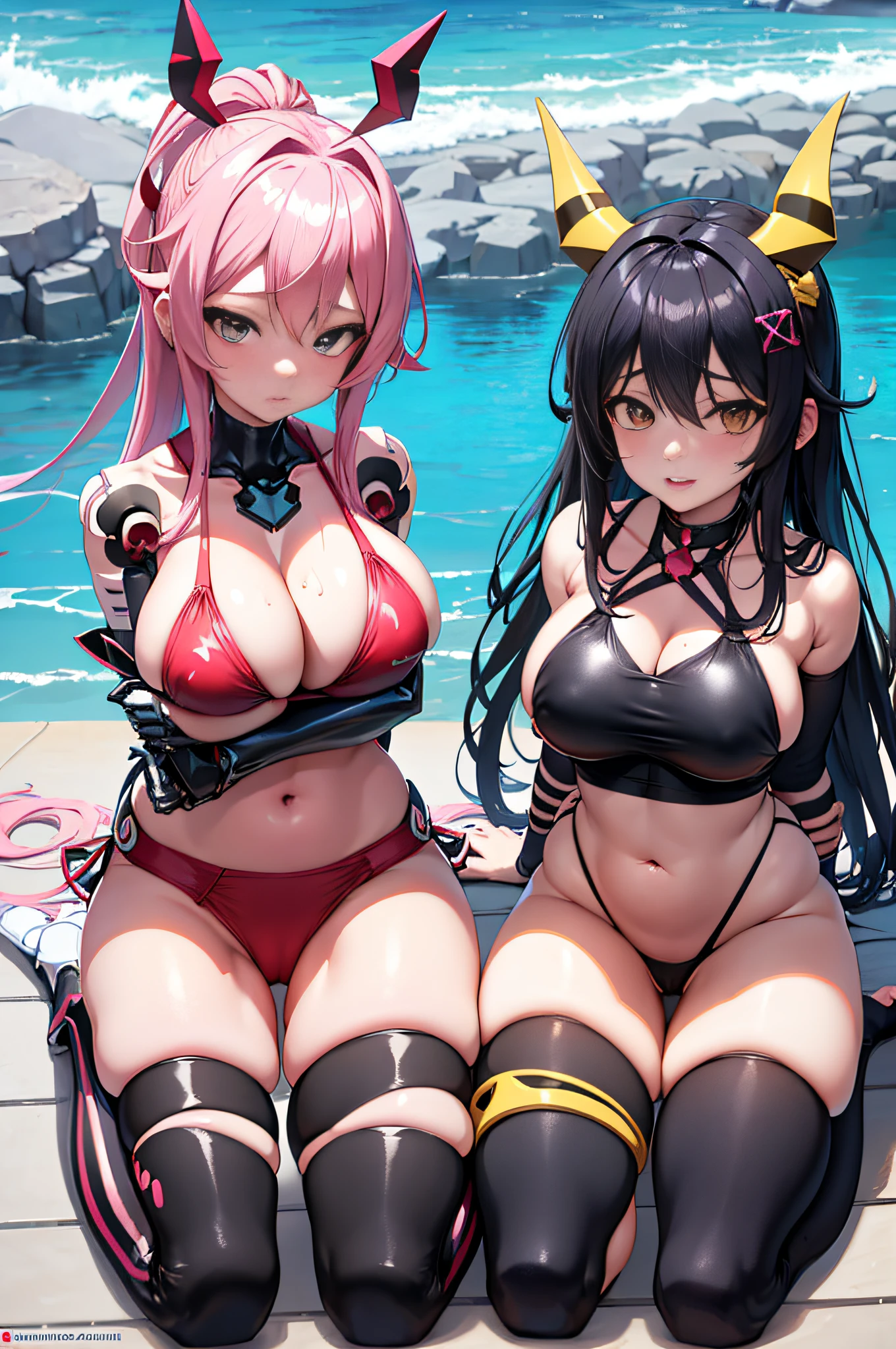 Anime in a bikini with horns and , anime sedutora, Rimuru Tempest,rafael ,Realistic bikini, Oppai proportions, Oppai, biomechanical oppai, is wearing a swimsuit, thicc, pintado em anime painter studio, arte cg anime suave, feito com anime painter studio, kantai collection style, ao lado de uma piscina