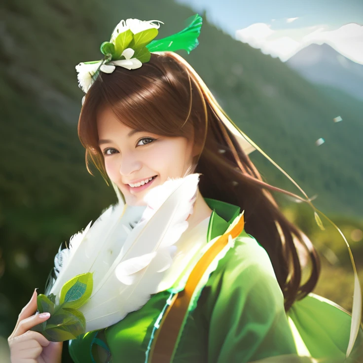 In a green dress(White Feather Fan)Close up portrait of smiling woman with brown hair, in mountains