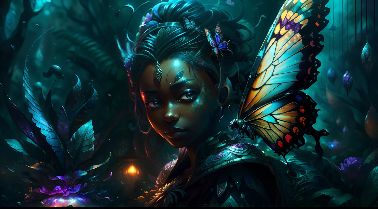 Best quality, masterpiece, super high resolution, an african fairy in a futuristic cyberpunk garden, enchanting, high detail, (butterfly wings), (fully clothed body), (dark brown skin), (purple armor) , looking at camera, masterpiece (realistic texture: 1.2), (realistic details: 1.2), (realistic details: 1.2), ([front | side]:1.1), HDR, ultra-refined 3D modeling, as magical as the style paintings painted by Tim Burton, Dale Chihuly, Xiaolongcheng, Cyril Rolando and other authors such as Jr. Gigue. Shadows and lighting intertwine to create brilliant effects.