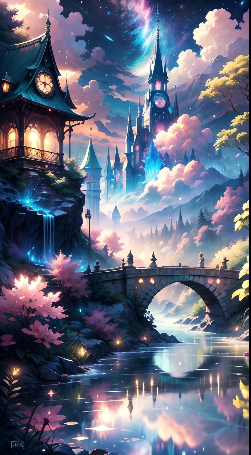 Envision a mesmerizing scene of a romantic realm of vibrant dreams. The environment is filled with intricate floating islands, fluffy clouds, waterfalls cascading from the floating islands, and a vibrant, surreal atmosphere. The atmosphere is filled with a sense of wonder and tranquility. Include many shades of pink in the image along with other vibrant jewel-toned hues. This scene will be depicted in an anime-style illustration, with soft lines, pastel colors, and a whimsical touch. All buildings are extremely detailed and elegant. The artwork will capture the ethereal beauty and tranquility of the dreamlike realm, creating a sense of harmony and escape from the ordinary world. Include teal water, colorful watercolor skies, glowing elements, and many small fantasy details including iridescence, expertly created majestic landscapes, and shimmer and glimmer. Above all else, this should look like a fantasy artwork.