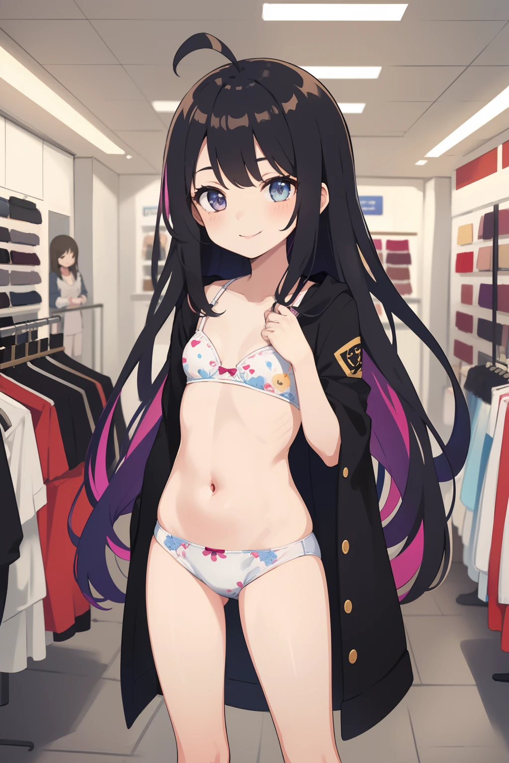 (masterpeace, high quality), 1girl, , petite, flat chest, (print pantrint bra, long hair, changing clothes, in a clothing store, smile, vibrant colors, best shadows, volumetric lighting