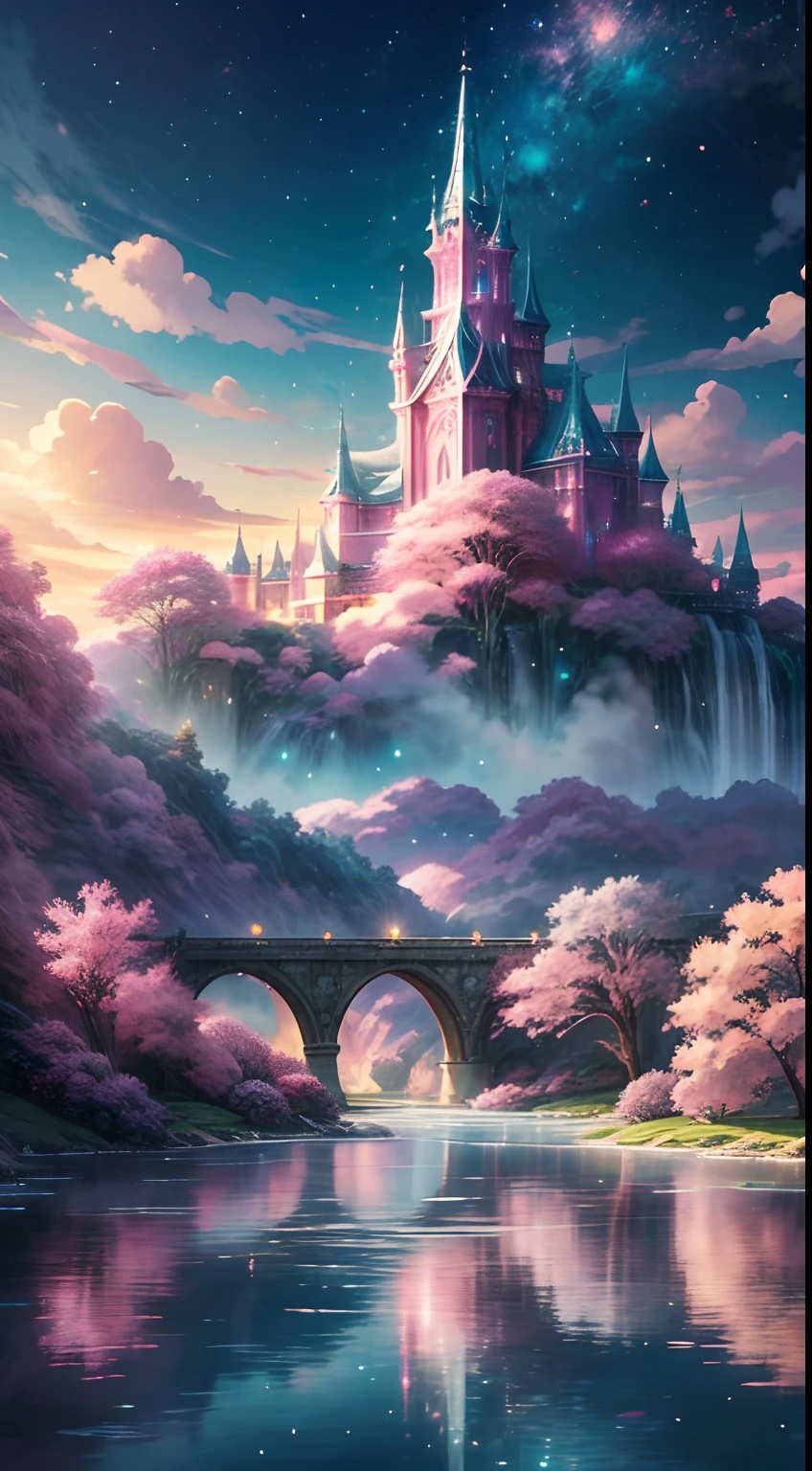 Envision a mesmerizing scene of a magnificent realm of romantic dreams. The environment is filled with intricate floating islands, fluffy clouds, waterfalls cascading from the floating islands, and a vibrant, surreal atmosphere. The atmosphere is filled with a sense of wonder and tranquility. Include many shades of pink in the image along with other vibrant jewel-toned hues. This scene will be depicted in an anime-style illustration, with soft lines, pastel colors, and a whimsical touch. All buildings are extremely detailed and elegant. The artwork will capture the ethereal beauty and tranquility of the dreamlike realm, creating a sense of harmony and escape from the ordinary world. Include teal water, colorful watercolor skies, glowing elements, and many small fantasy details including iridescence, expertly created majestic landscapes, and shimmer and glimmer. Above all else, this should look like a fantasy artwork.